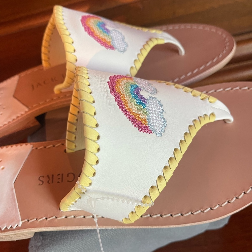 New white rainbow embroidered leather sandals sz 7 m $99 Jack rogers - Picture 4 of 8